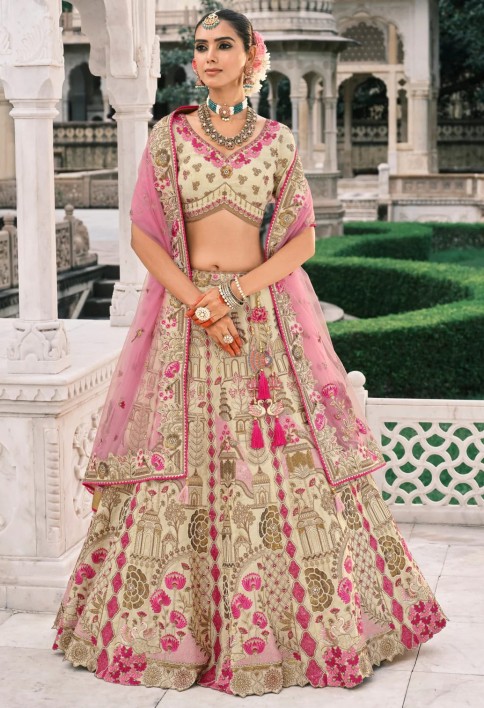 Off-White Fancy Silk Lehenga Choli With Cut Work Embroidery Border & Stone Work